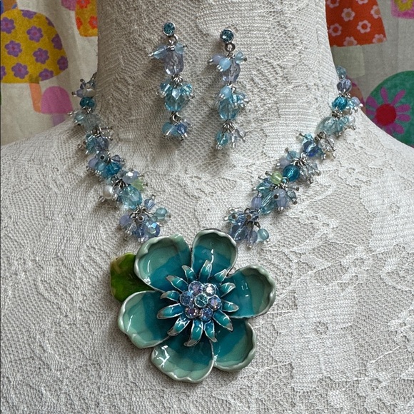 Jewelry - Enamel Flower Beaded Necklace with Earrings